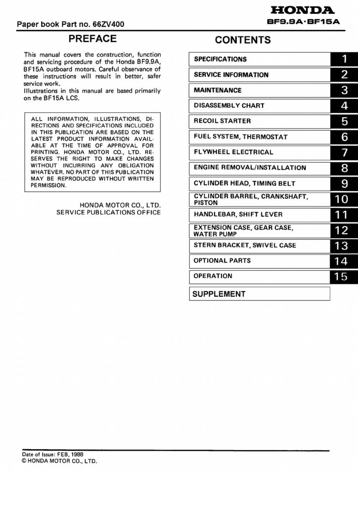 Honda Marine BF9.9A et BF15A — Manuel d’atelier — couverture du manuel